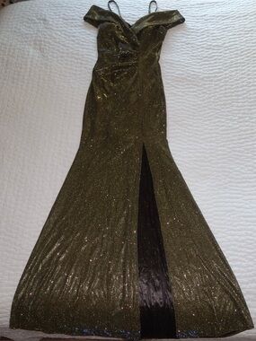 Gold/black sparkle off the shoulder gown
